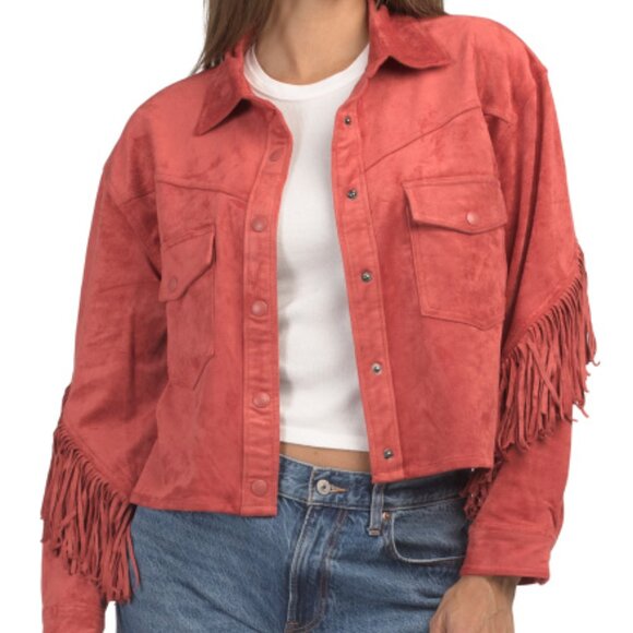 NEW BLANK NYC Faux Suede Fringe Jacket Lightweight Snap Button Jacket - Picture 3 of 4